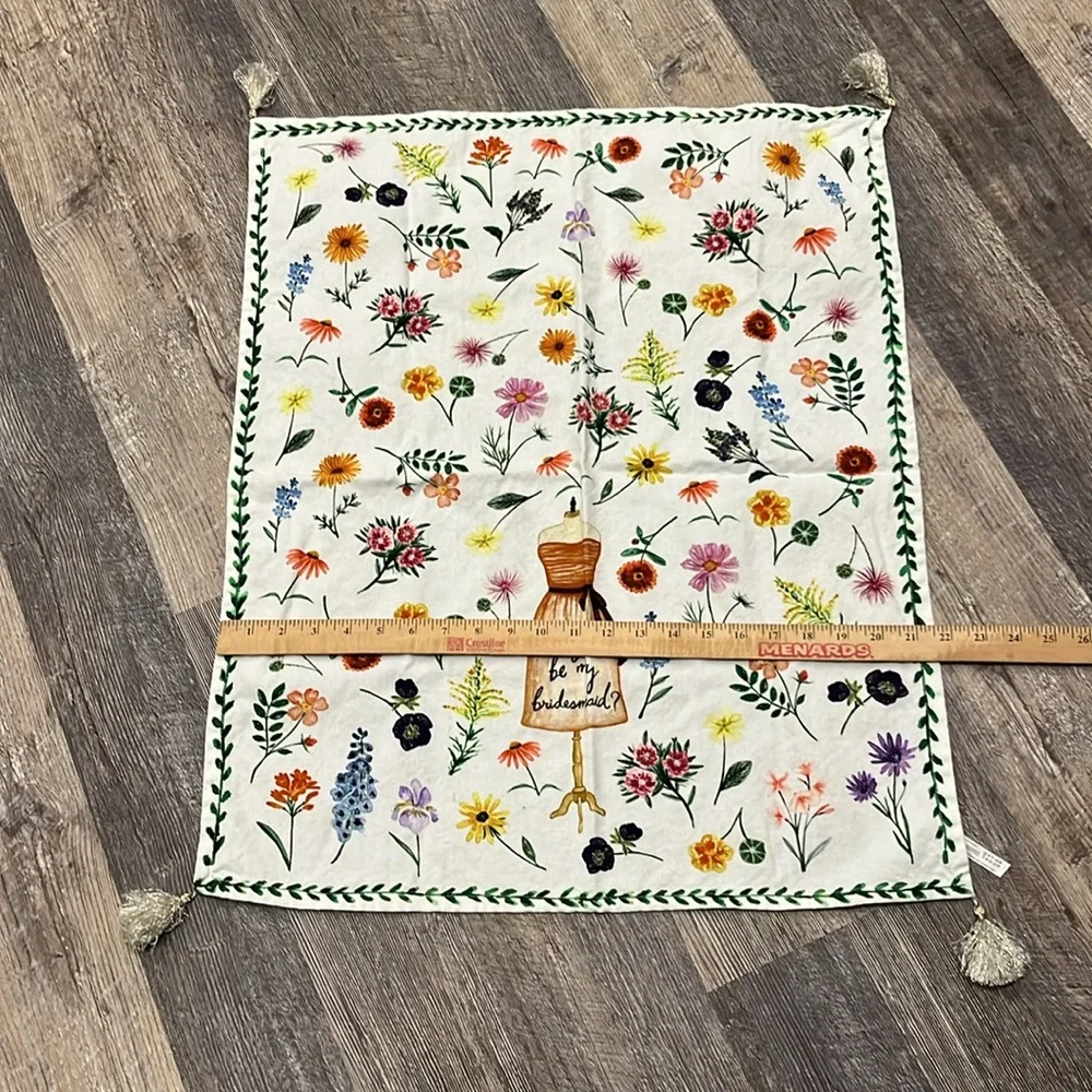 Anthropologie Floral Tea Towel Cotton  Gold Tassels